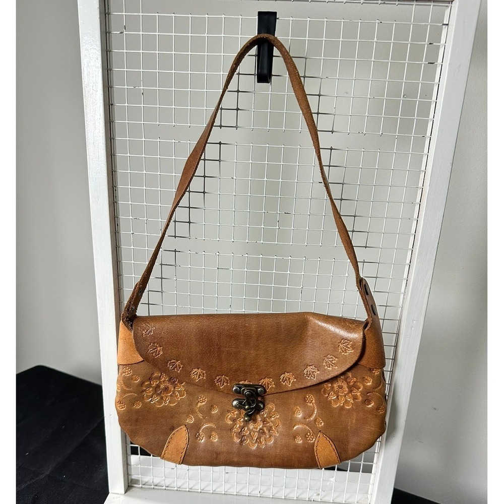 Sabina New York Vintage Tan Embossed Leather Floral Shoulder Bag Boho Western